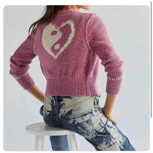 Anthropologie Pink Heart Yin Yang Cropped Knit Cardigan